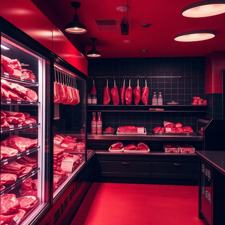 Balcão refrigerado do açougue com cortes de carne fresca