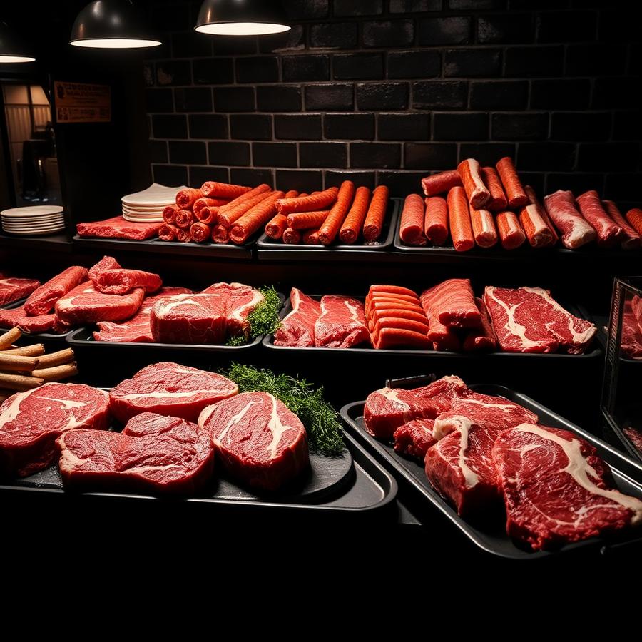 Variedade de cortes de carne e linguiças expostos no balcão