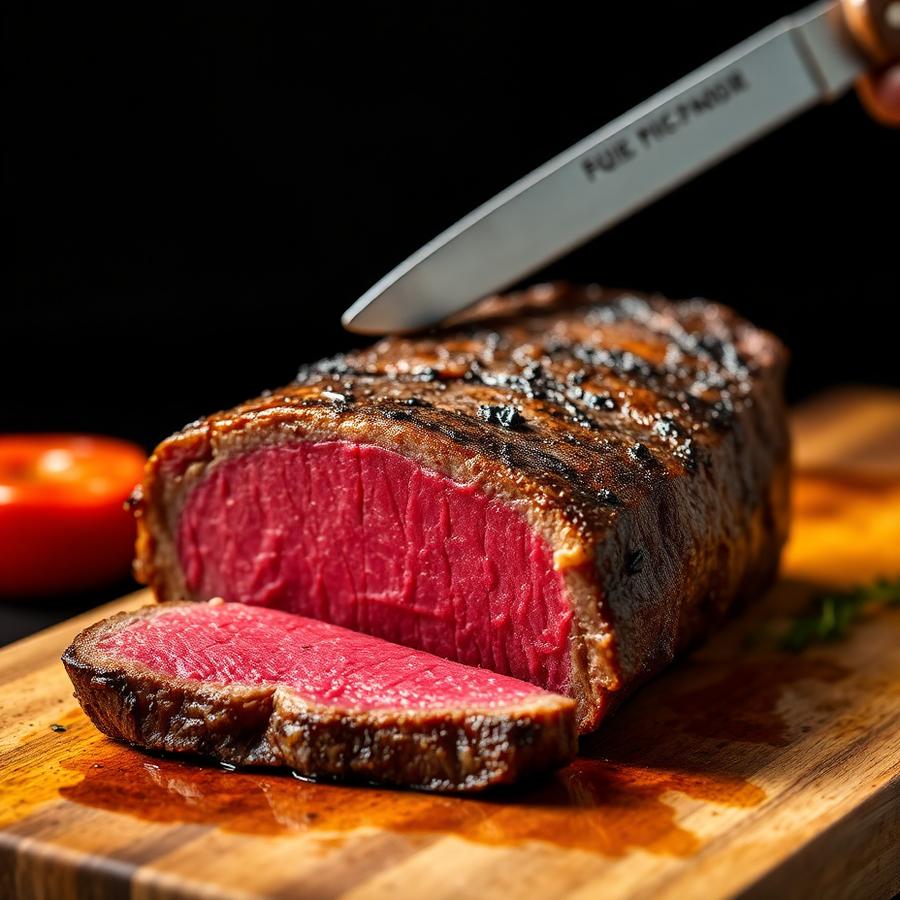 Corte de carne bovina fatiado sobre tábua de madeira